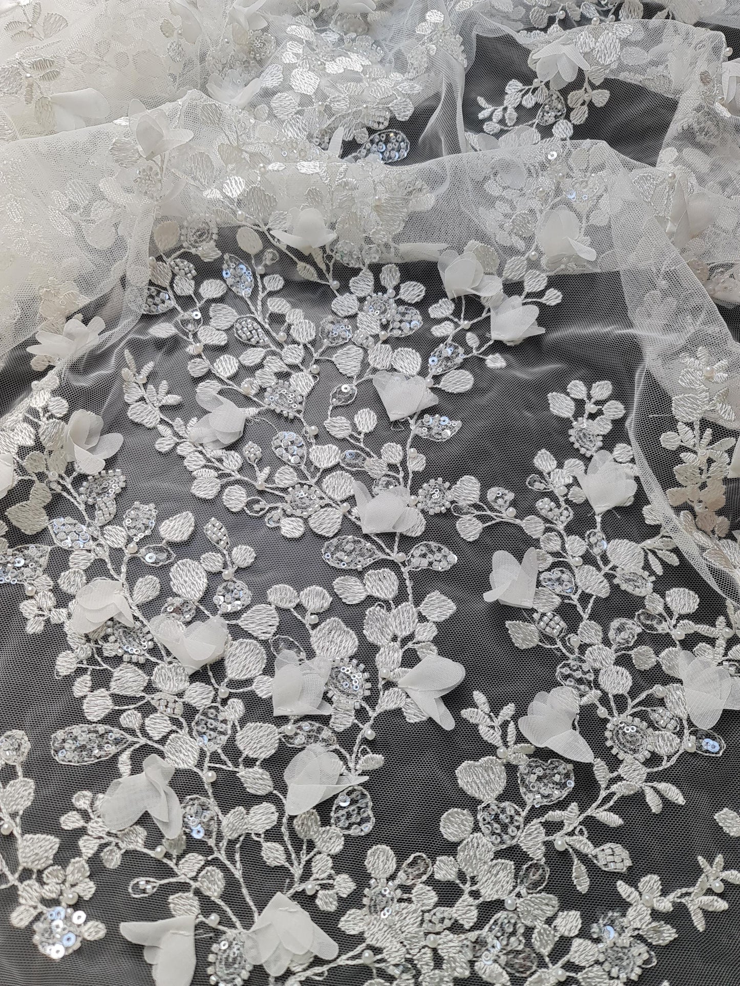 LL-1561-1, 3d flowered lace fabric with beads and transparent sequins per meter in off-white color with soft chiffon blossoms, soft handfeel