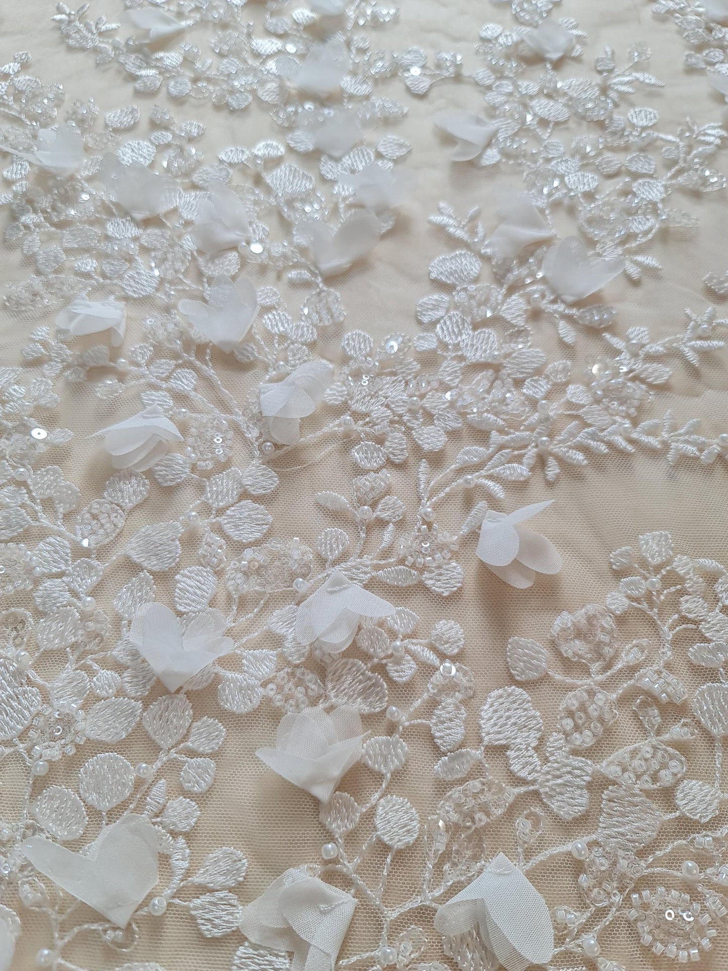 3d flowered lace fabric in off-white color for bridal desses