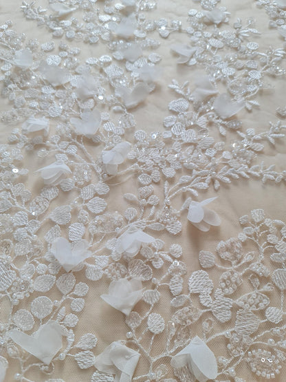 3d flowered lace fabric in off-white color for bridal desses