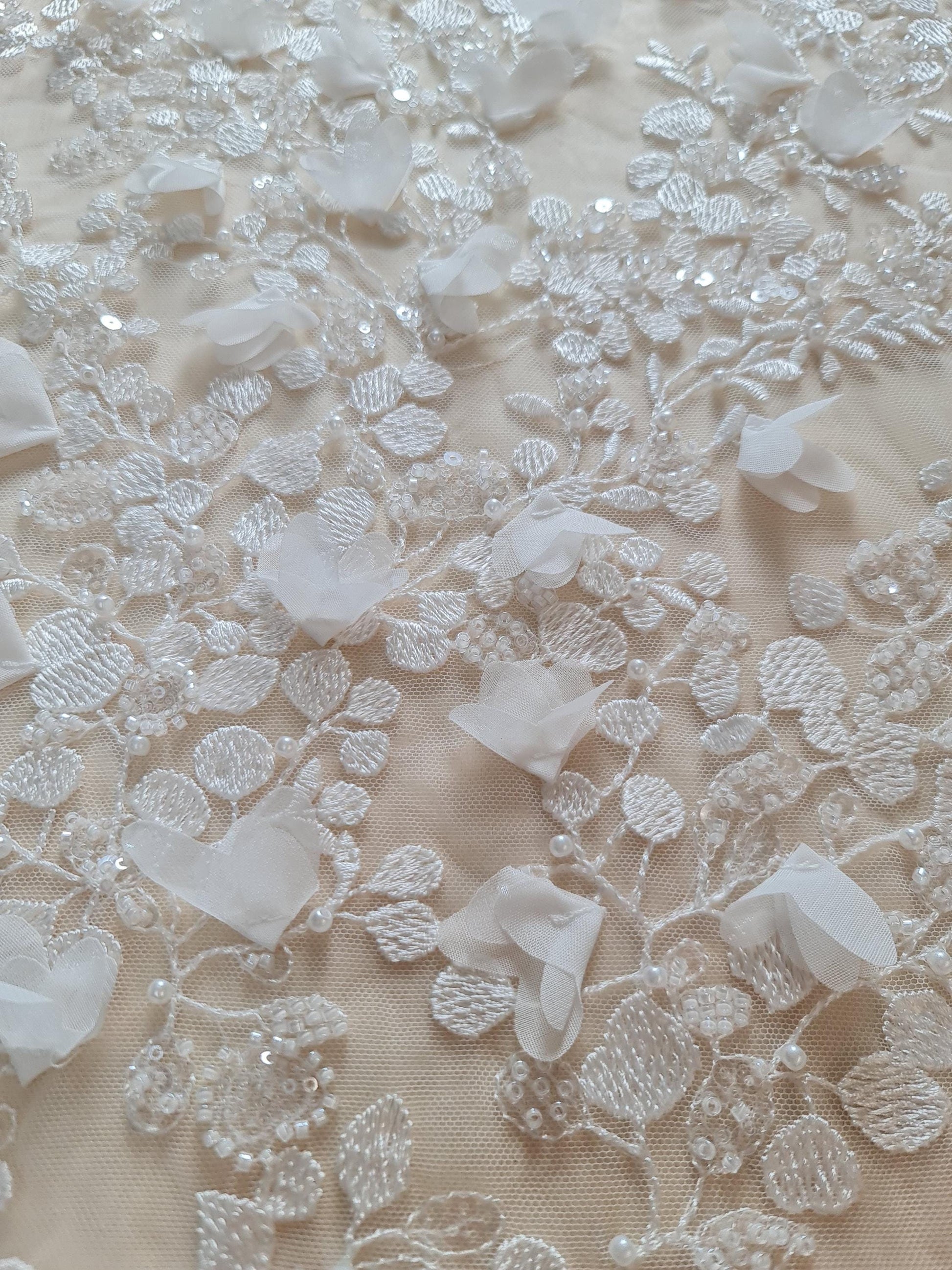 3d flowered lace fabric in off-white color for bridal desses