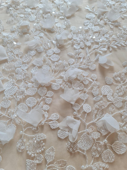 3d flowered lace fabric in off-white color for bridal desses