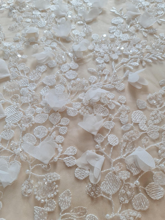 3d flowered lace fabric in off-white color for bridal desses