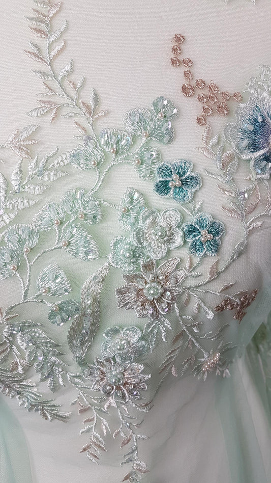 bridgerton lace fabric in mint color with 3D Flowerts