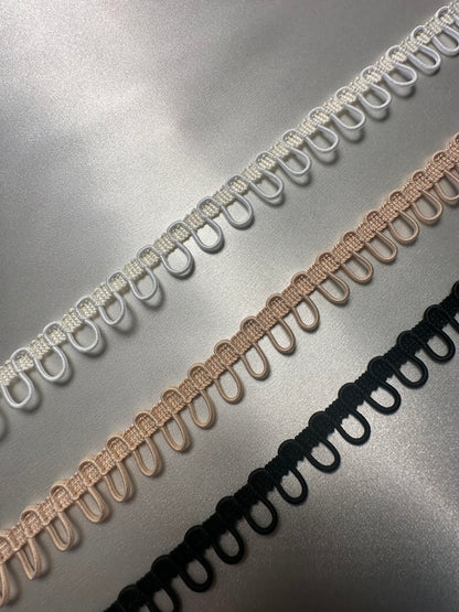 braided ribbon with elastic button loops in white, nude or black