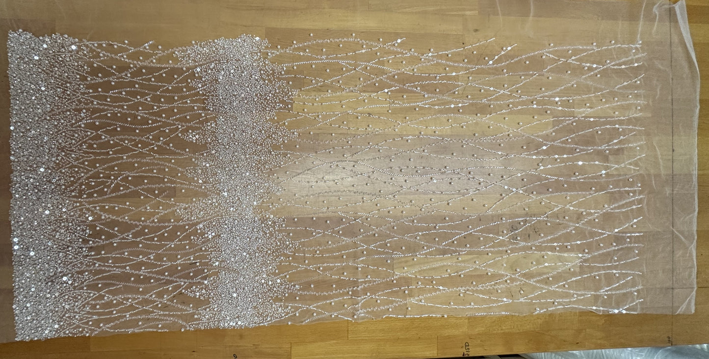 LL-1582, handmade lace fabric with beads in white color, starts at 0,5m