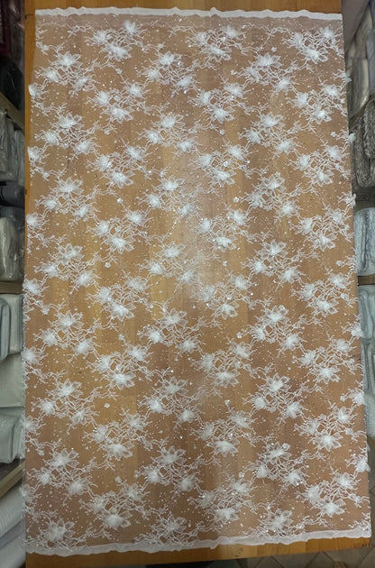 LL-1581, chantilly lace fabric with 3d organza flowers, starts at 0,5 meter