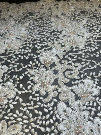Tissu en dentelle à fleurs perlées, tissu en dentelle de mariage en ivoire, dentelle de mariée, tissu en dentelle brodée, dentelle pour robe de mariée LL-1313