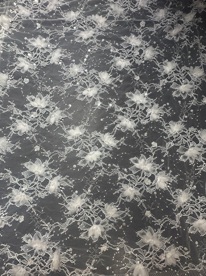 LL-1581, chantilly lace fabric with 3d organza flowers, starts at 0,5 meter