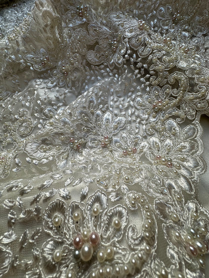 Tissu en dentelle à fleurs perlées, tissu en dentelle de mariage en ivoire, dentelle de mariée, tissu en dentelle brodée, dentelle pour robe de mariée LL-1313