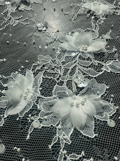 LL-1581, chantilly lace fabric with 3d organza flowers, starts at 0,5 meter