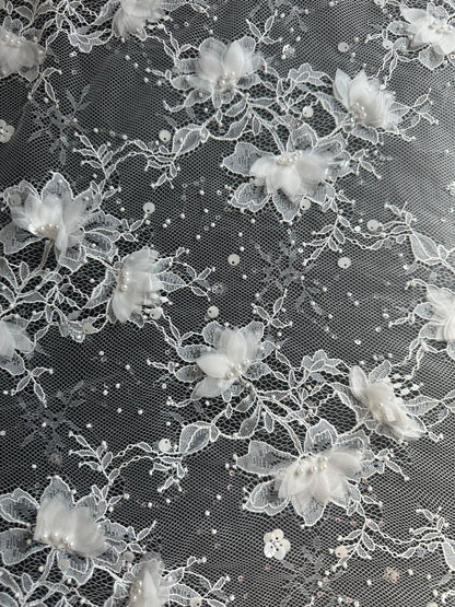 LL-1581, chantilly lace fabric with 3d organza flowers, starts at 0,5 meter