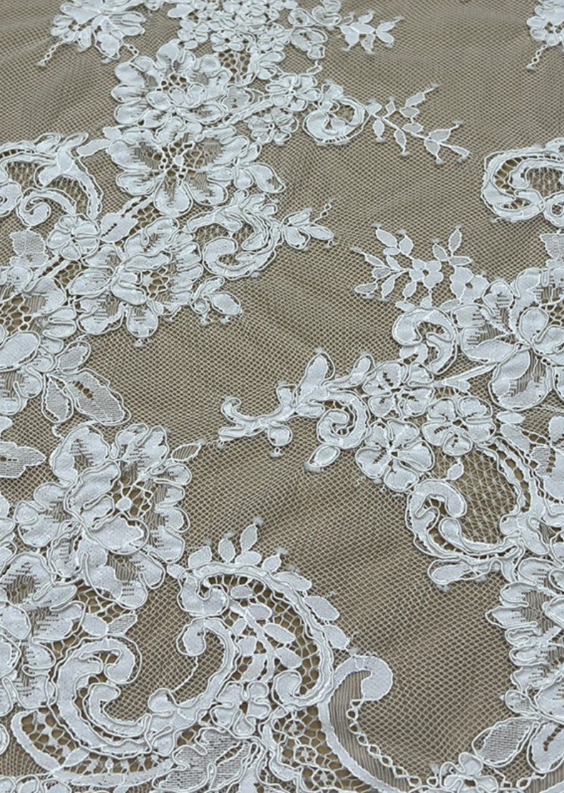 White Chantilly French Lace Fabric / Bridal Eyelash Cord Mesh Lace Fabric for Wedding Dress / Guipure Lace / LL-1595