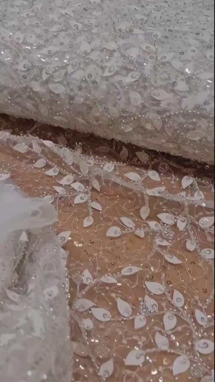 LL-1164, beautiful leaf lace fabric with beads and transparent sequins, lace for gown, lacing fabric, Leaf tendril, starts at 0,5 meter