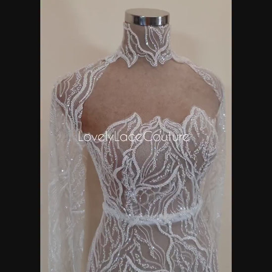 LL-1374, luxurious bridal lace fabric with modern abstract wave pattern in off-white color, starts at 0,5Meter