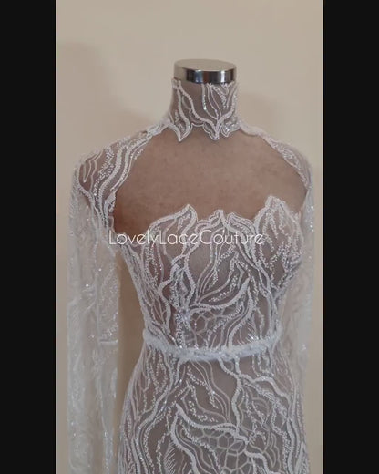 LL-1374, luxurious bridal lace fabric with modern abstract wave pattern in off-white color, starts at 0,5Meter