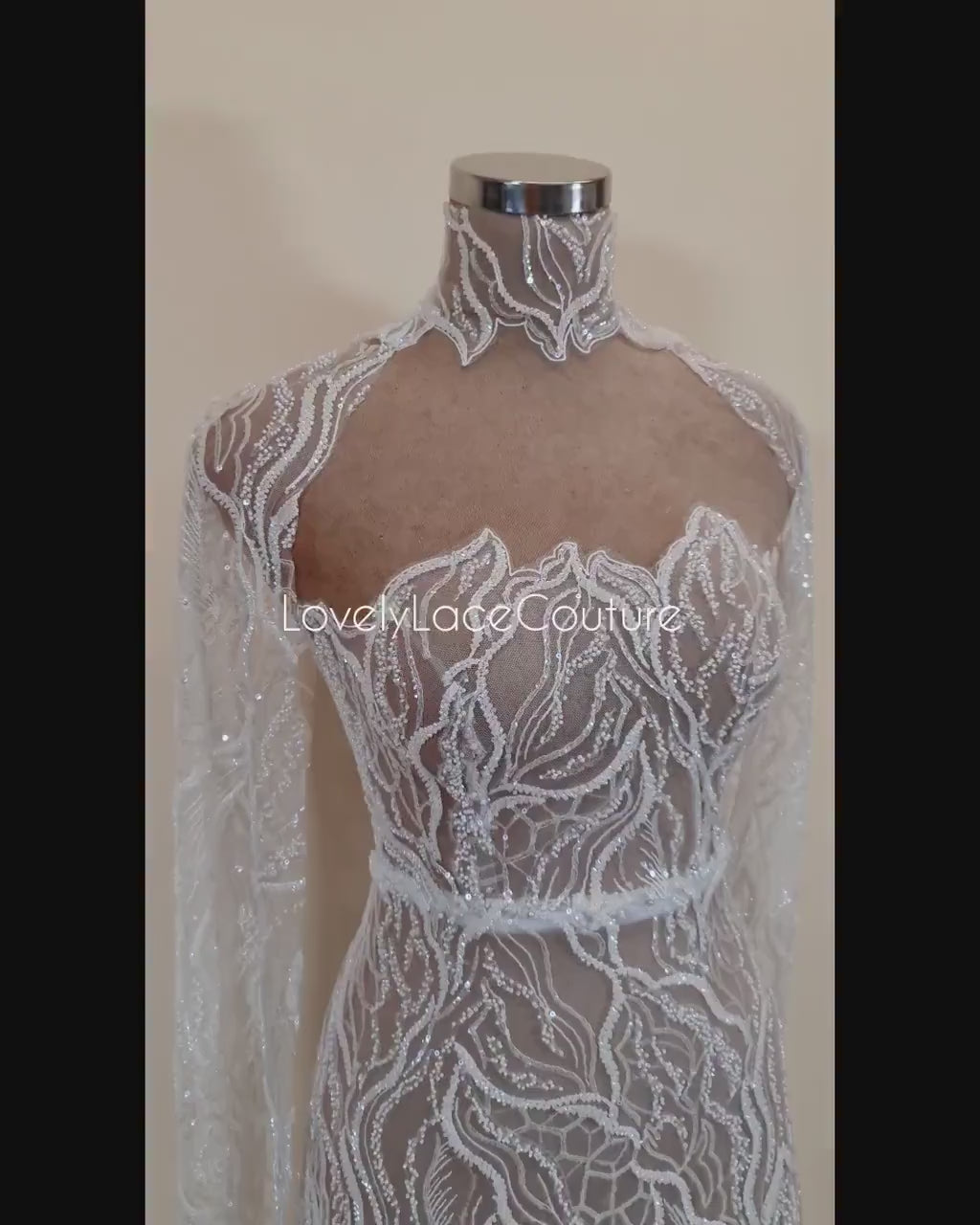 LL-1374, luxurious bridal lace fabric with modern abstract wave pattern in off-white color, starts at 0,5Meter