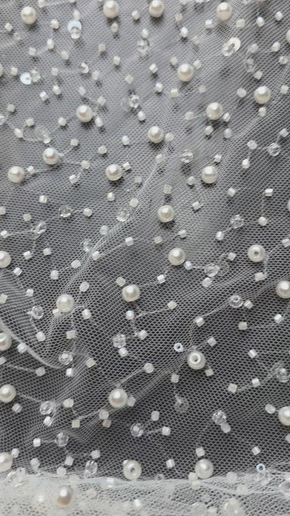 LL-1576, high-end beaded bridal lace fabric in white color,  starts at 0,5m