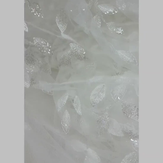 Beautiful white lace fabric with leaf design and transparent sequins, wedding lace, bridal lace, embellished tulle fabric LL-1101