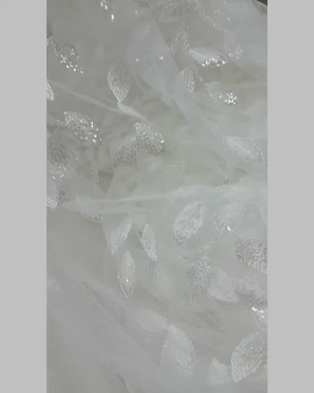 Beautiful white lace fabric with leaf design and transparent sequins, wedding lace, bridal lace, embellished tulle fabric LL-1101