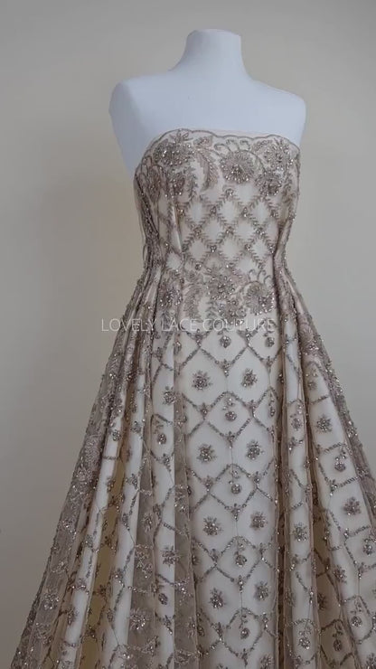 Handmade Lace in gold LL-1446 or mint color LL-1405, beaded bridal lace, Lace Fabric by yard or by metre, wedding Lace for stunning dresses