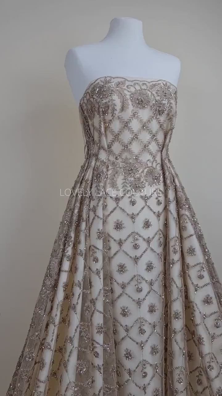 Handmade Lace in gold LL-1446 or mint color LL-1405, beaded bridal lace, Lace Fabric by yard or by metre, wedding Lace for stunning dresses