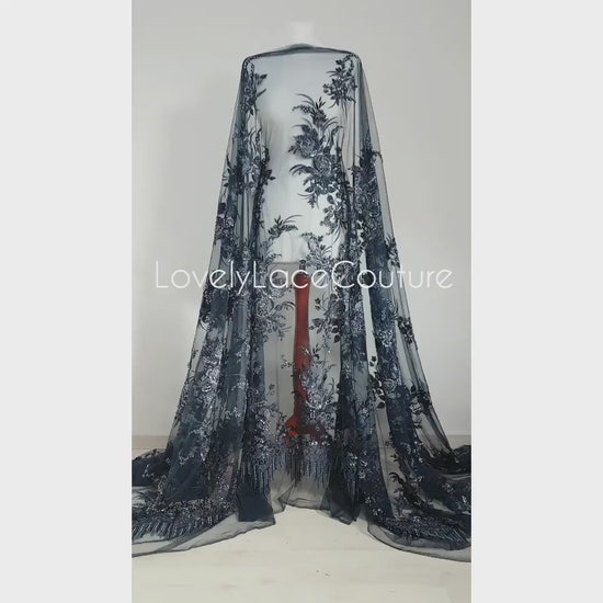 Gorgeous 3DHandbeaded Lace Fabric with Flowers, couture lace, colored bridal lace, evening dress fabric, embroidery fabric, Net lace LL-1305