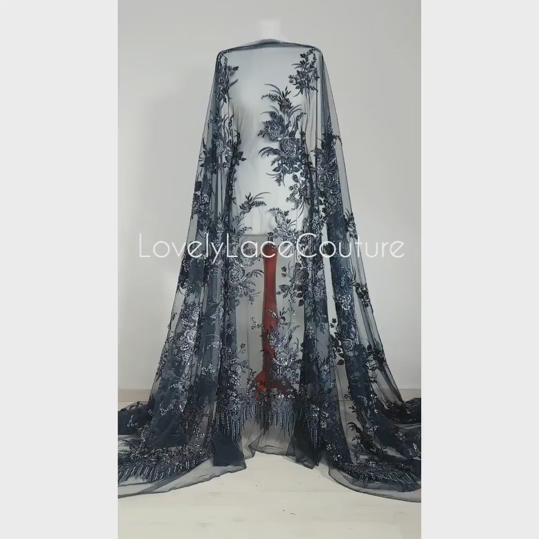 Gorgeous 3DHandbeaded Lace Fabric with Flowers, couture lace, colored bridal lace, evening dress fabric, embroidery fabric, Net lace LL-1305