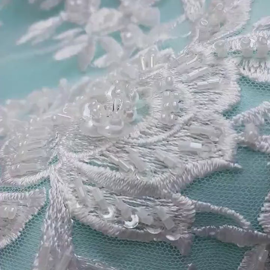 3D, Lace fabric, lace for gown with beads, crystal and sequins, white color, fabric by the yard, shop for fabric LL-1328