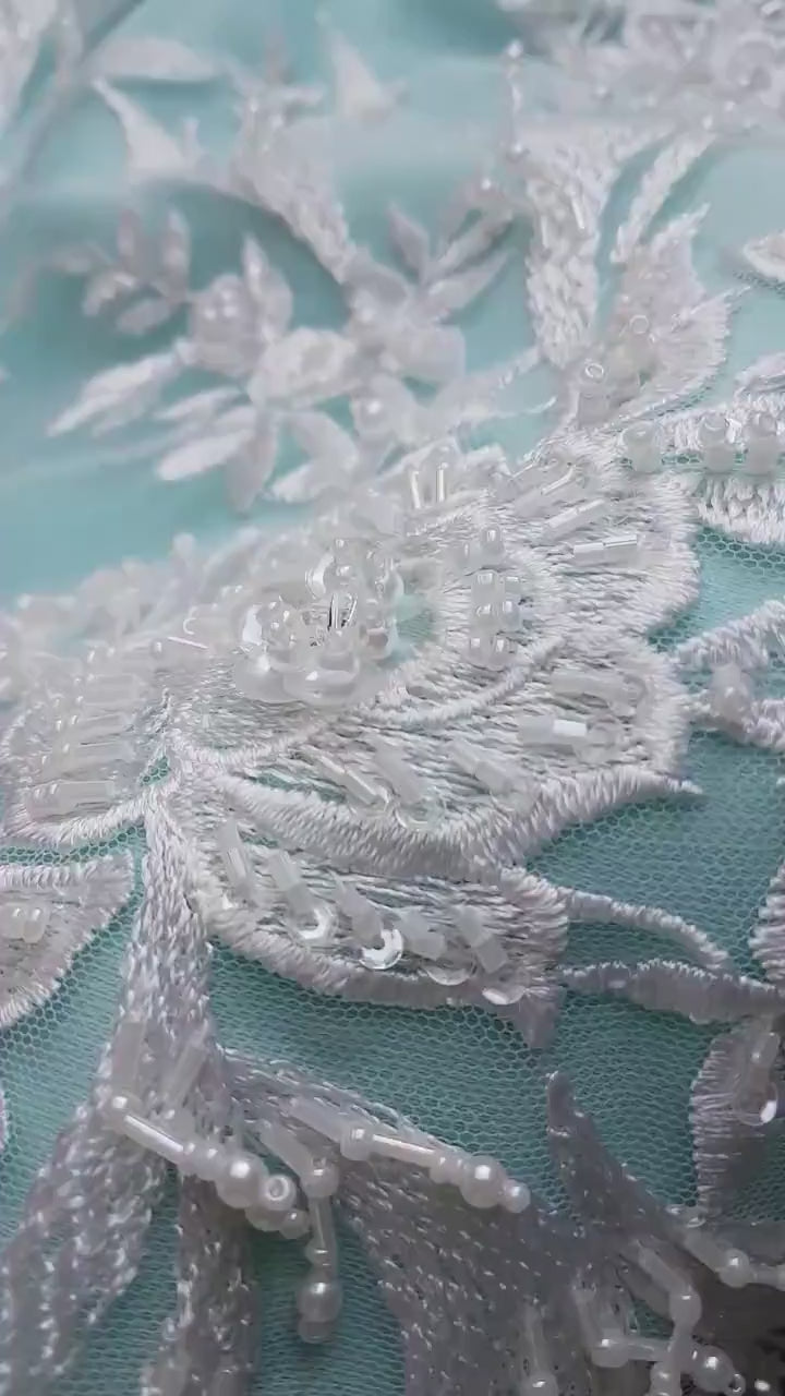 3D, Lace fabric, lace for gown with beads, crystal and sequins, white color, fabric by the yard, shop for fabric LL-1328