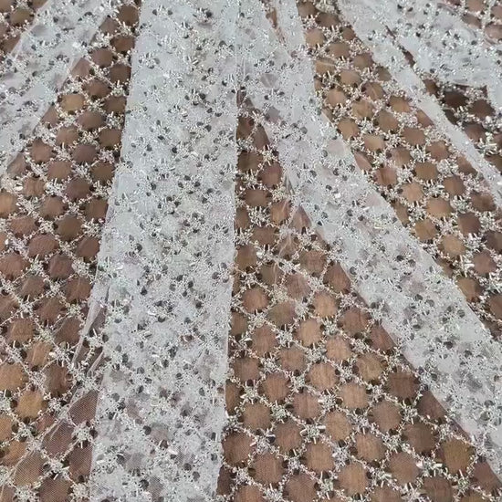 LL-1564 beautiful allover square pattern lace tulle fabric with big transparent sequins and silver beads in white color. High quality lace.
