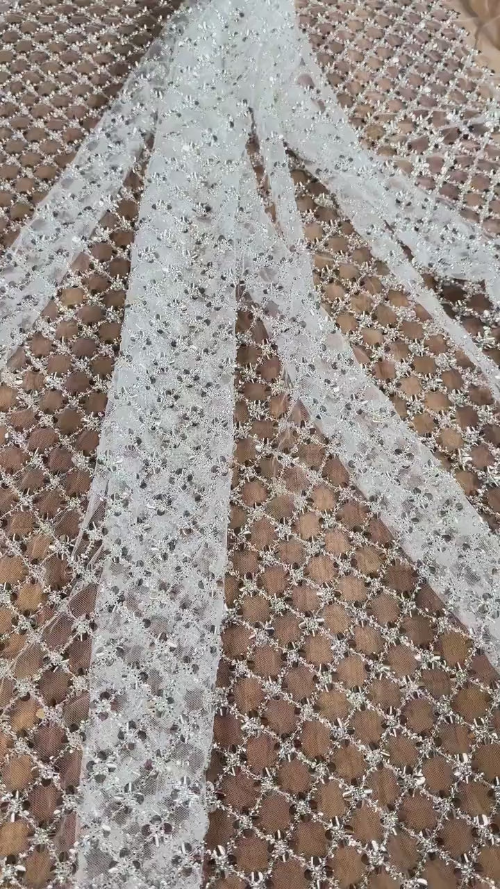 LL-1564 beautiful allover square pattern lace tulle fabric with big transparent sequins and silver beads in white color. High quality lace.