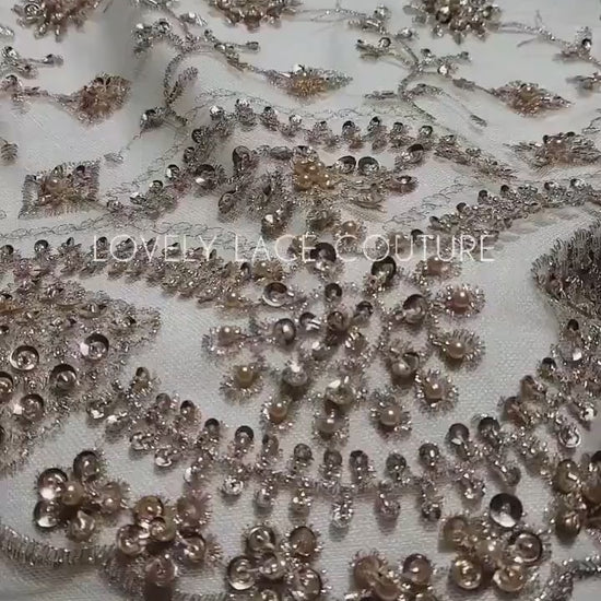 Rare handmade lace fabric in gold color with embroidery on fabric, fabric by the yard or in metre, fabric store, african fabric lace LL-1393