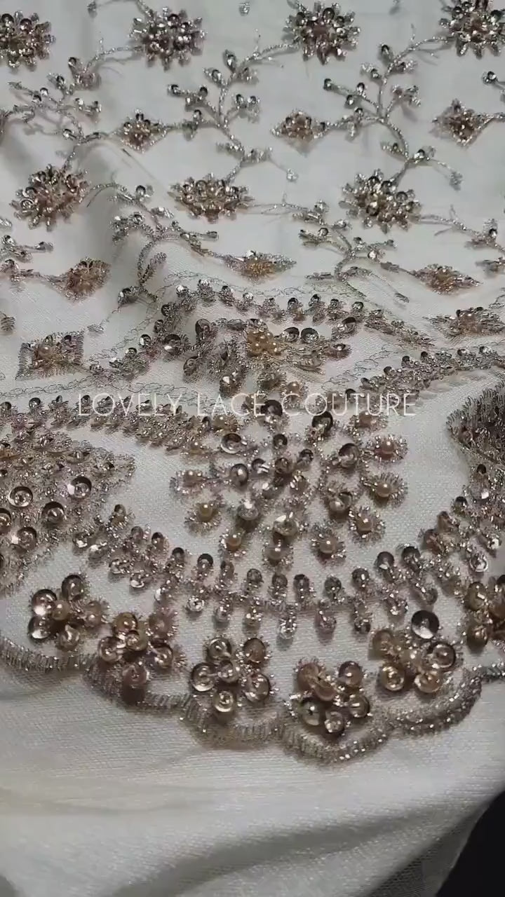 Rare handmade lace fabric in gold color with embroidery on fabric, fabric by the yard or in metre, fabric store, african fabric lace LL-1393