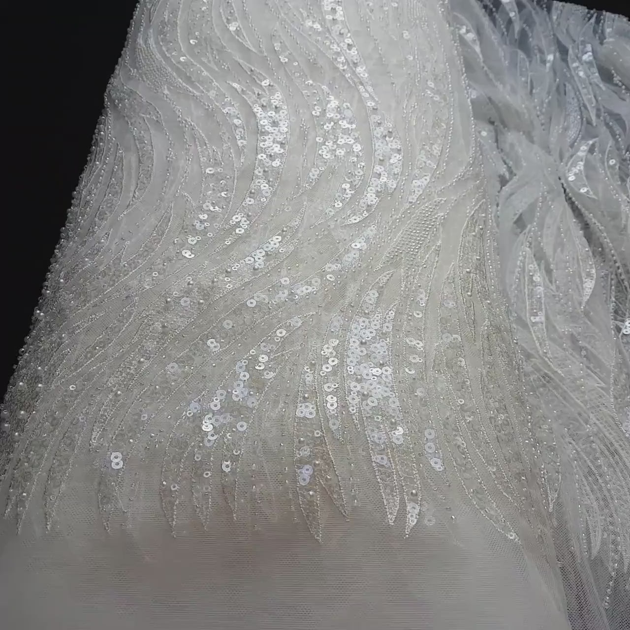 LL-1445, Lovely beaded lace fabric with wave design in off-white color