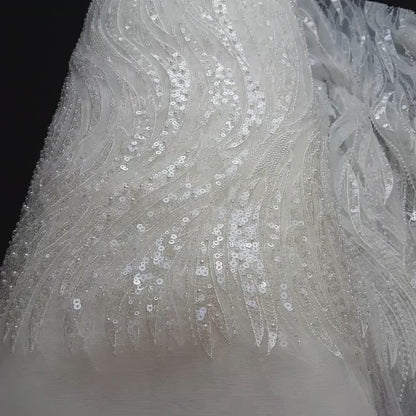 LL-1445, Lovely beaded lace fabric with wave design in off-white color