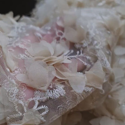 LL-1451, Lovely bridal lace fabric with big 3d flowers in beige color