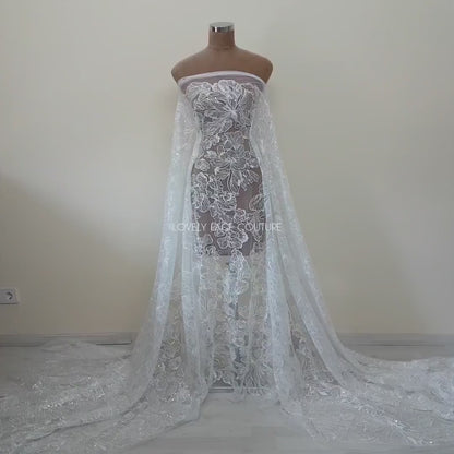 Big Flower bridal lace fabric with transparent sequins, soft wedding dress lace in off-white color, fabric per metre, allover lace, LL-1471