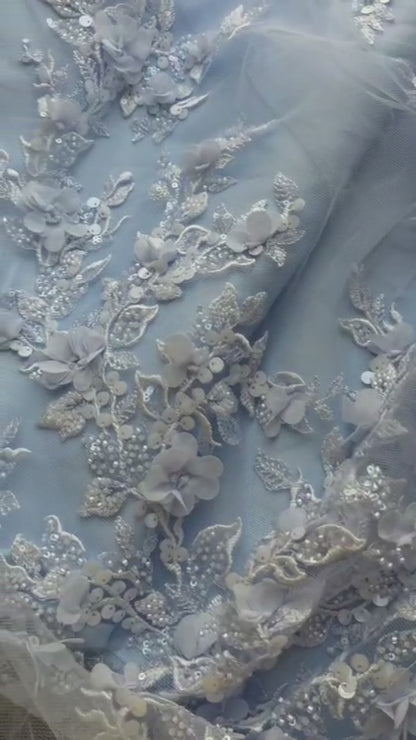 LL-1589, 3D Flower Lace Fabric in Bleu Color