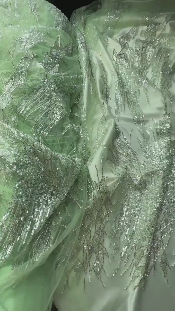 LL-1492, hochzeits spitzen stoff mit abstraktem muster in apfelgrün für ein tolles couture kleid