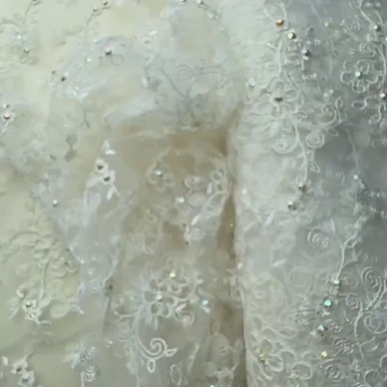 Flower Lace fabric with colored rhinestones in ivory color, lace for gown or costumes, fabric by the yard or metres  LL-1312