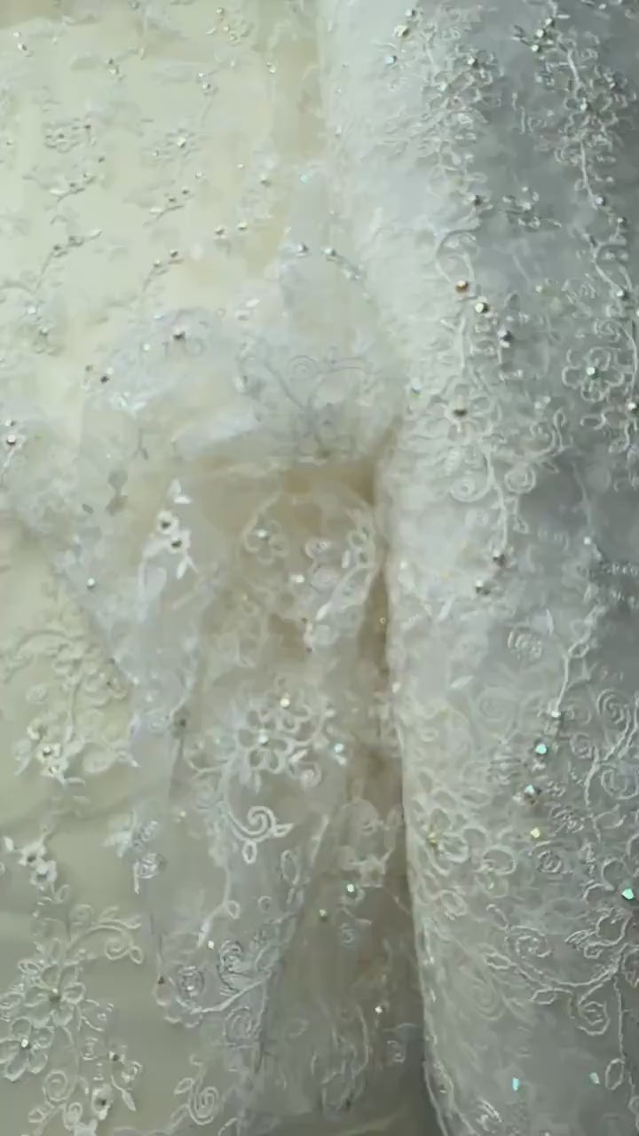 Flower Lace fabric with colored rhinestones in ivory color, lace for gown or costumes, fabric by the yard or metres  LL-1312
