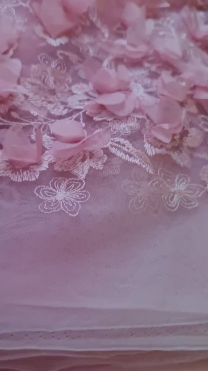 LL-1455, Lovely bridal lace fabric with big 3d flowers in pink color