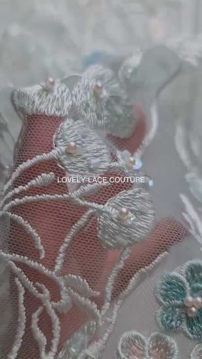 Gorgeous 3D Flower lace fabric in mint color, bridgerton dress lace, eloise's dress lace, start at 0,5m