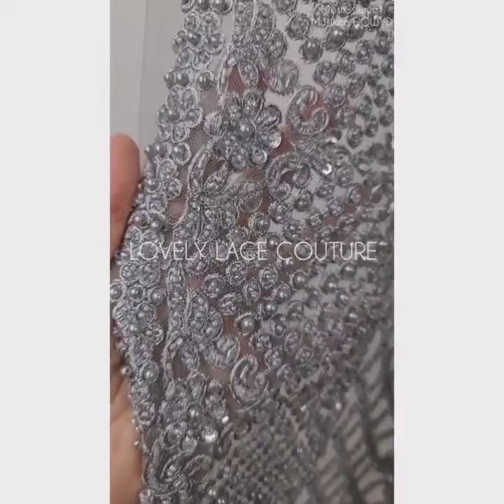 Stunning Handmade Lace, beaded lace with sequins in silver color, wedding lace fabric, embroidered lace, bridal lace LL-1318