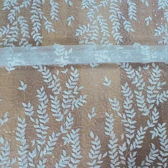 LL-1565, bridal lace fabric with leaves, beads and transparent sequins in white color