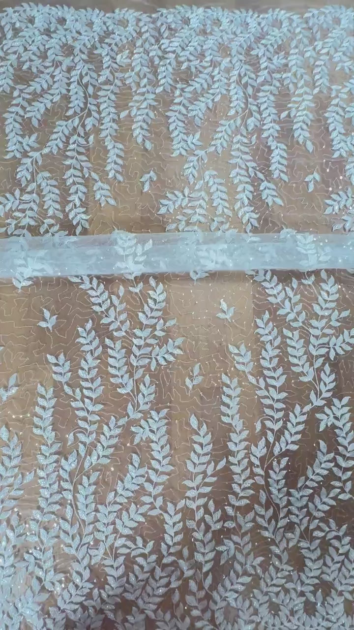 LL-1565, bridal lace fabric with leaves, beads and transparent sequins in white color