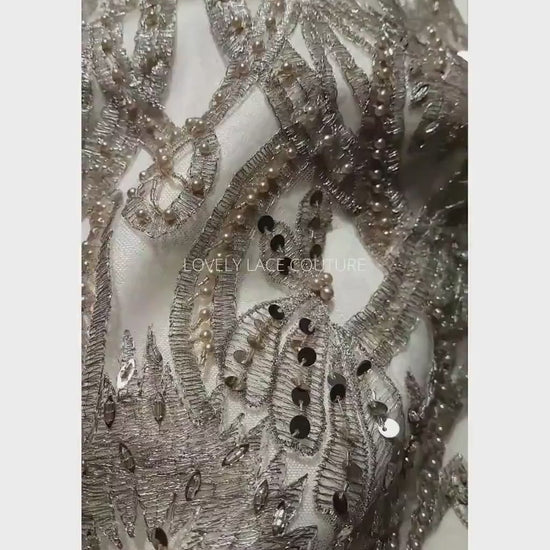 Gorgeous ornamental lace fabric with beads and big sequins in gold color, lace per meter LL-1346