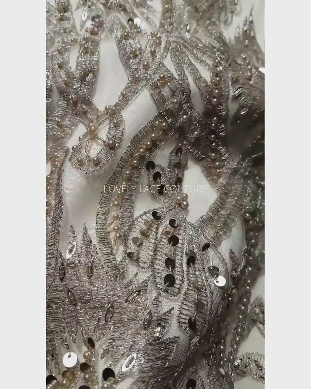 Gorgeous ornamental lace fabric with beads and big sequins in gold color, lace per meter LL-1346