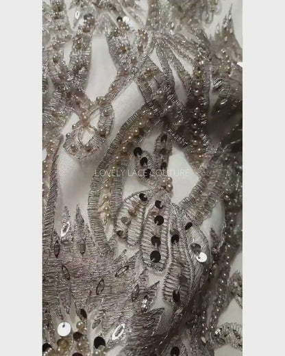 Gorgeous ornamental lace fabric with beads and big sequins in gold color, lace per meter LL-1346