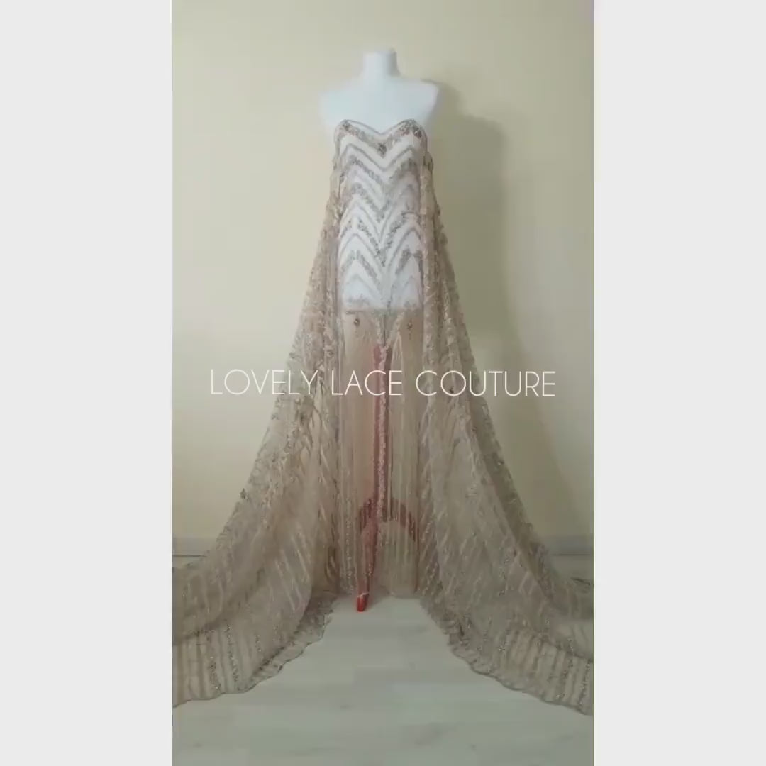 Marvellous 3D - Lace fabric with abstract desgin, Colored bridal lace, Wedding Lace Fabric, Embroidered lace in beautiful gold or rosé color